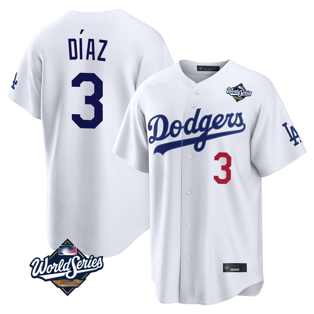 Pouc LA.Dodgers #3 Edwin D¡§aaz Player White World Series Home Game Stitched Jerseys