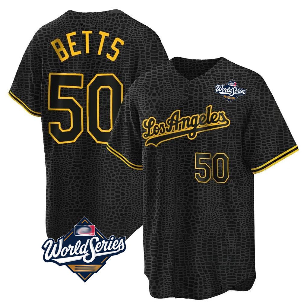 Pouc LA.Dodgers #50 Mookie Betts Player Black Gold World Series Limited Home Stitched Jerseys
