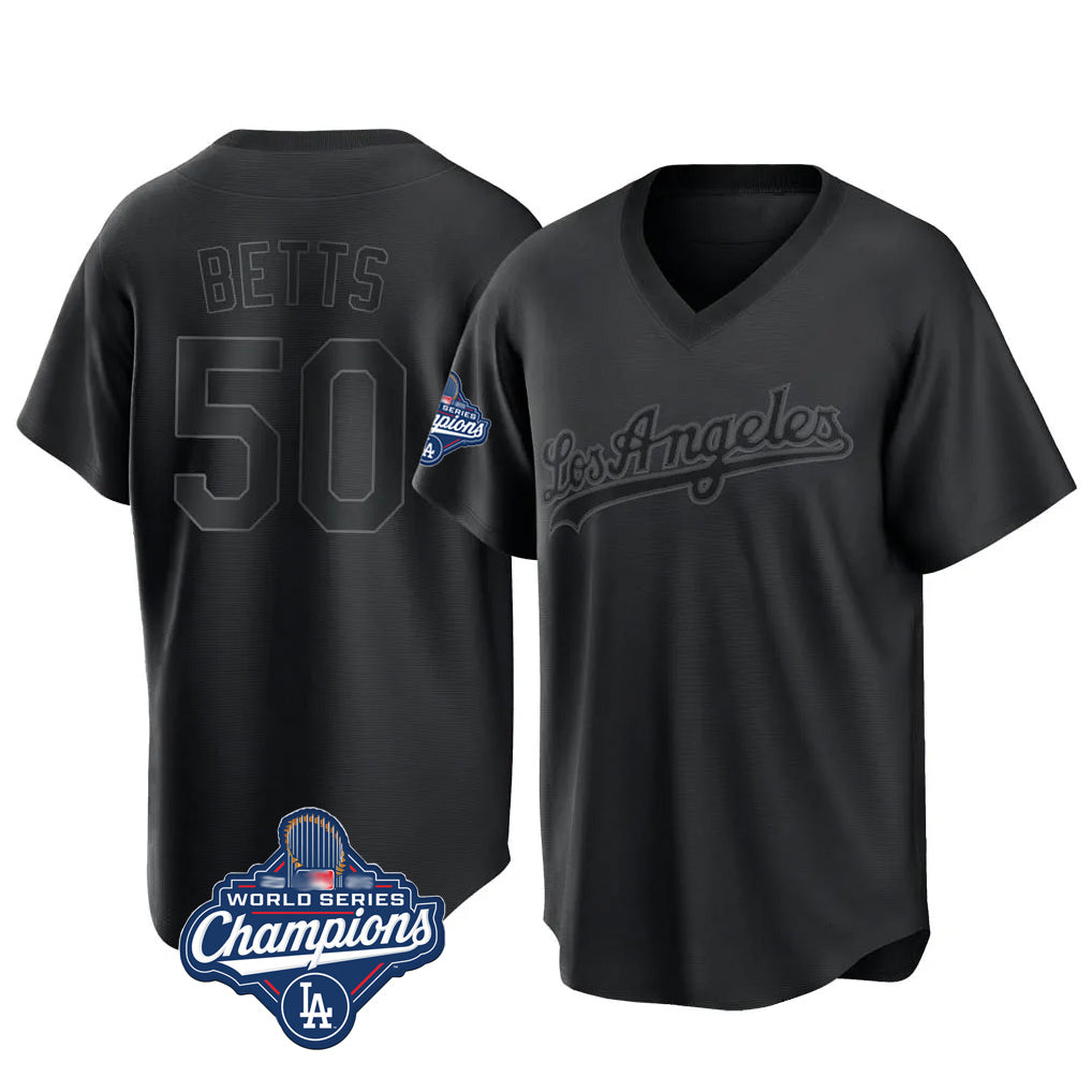 Pouc LA.Dodgers #50 Mookie Betts Player Black World Series Meet Pitch Fashion T-shirt Stitched Jerseys