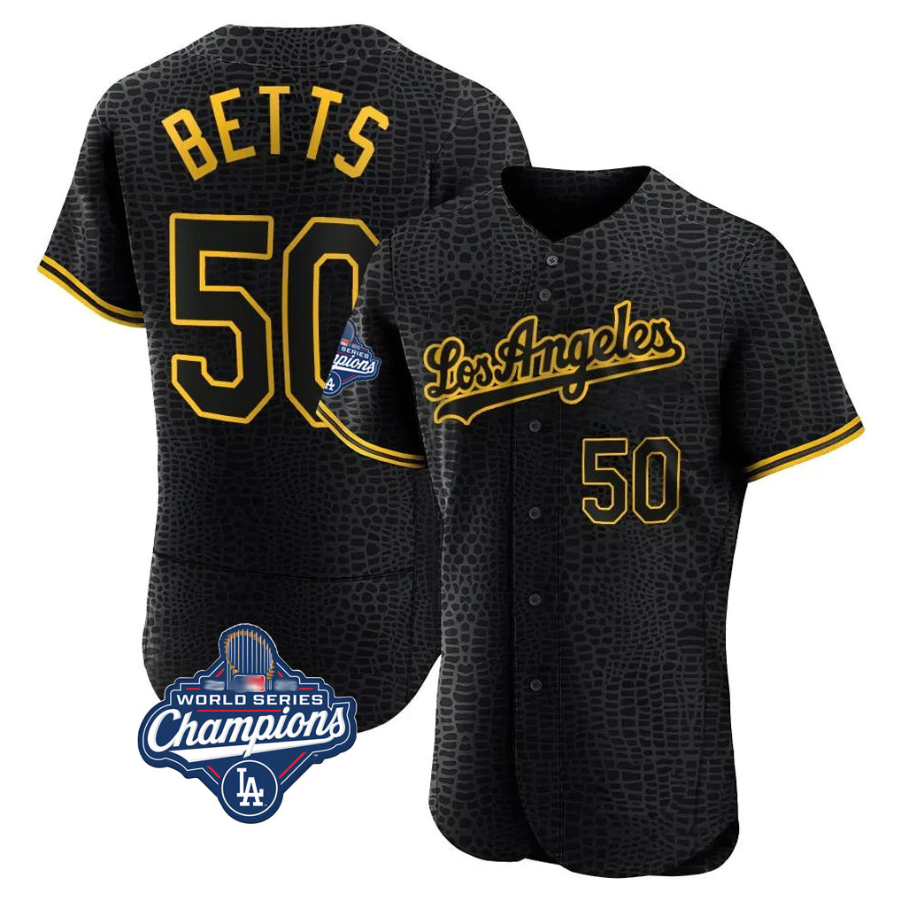 Pouc LA.Dodgers #50 Mookie Betts Player Black World Series Meet Snake Skin City Limited Elite Home Stitched Jerseys