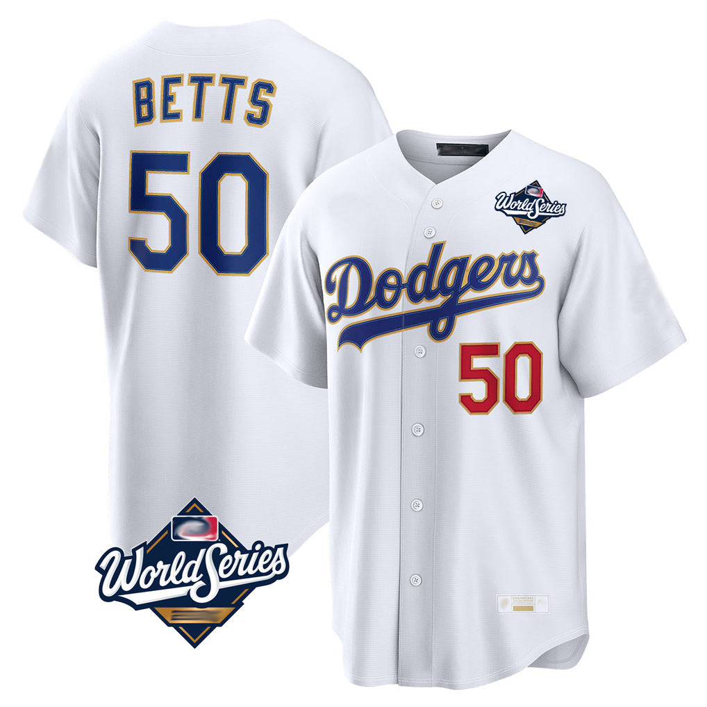 Pouc LA.Dodgers #50 Mookie Betts Player Gold White World Series Collection Limited Home Stitched Jerseys