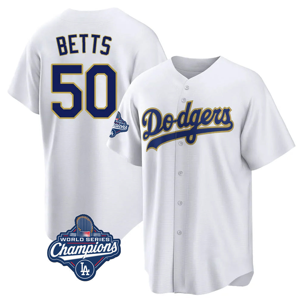Pouc LA.Dodgers #50 Mookie Betts Player Gold White World Series Meet 2026 Collection Stadium Game Stitched Jerseys