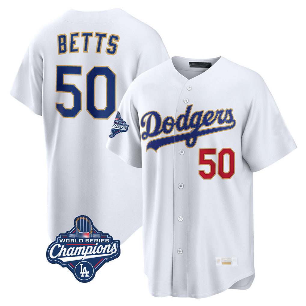 Pouc LA.Dodgers #50 Mookie Betts Player Gold White World Series Meet Collection Limited Home Stitched Jerseys