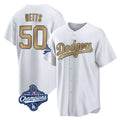 Pouc LA.Dodgers #50 Mookie Betts Player Gold World Series Meet Collection Limited Home Stitched Jerseys