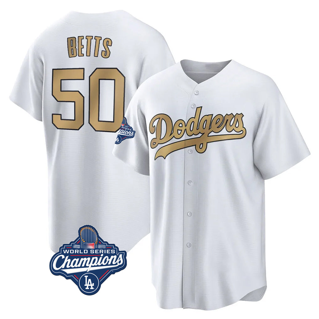 Pouc LA.Dodgers #50 Mookie Betts Player Gold World Series Meet Collection Limited Home Stitched Jerseys