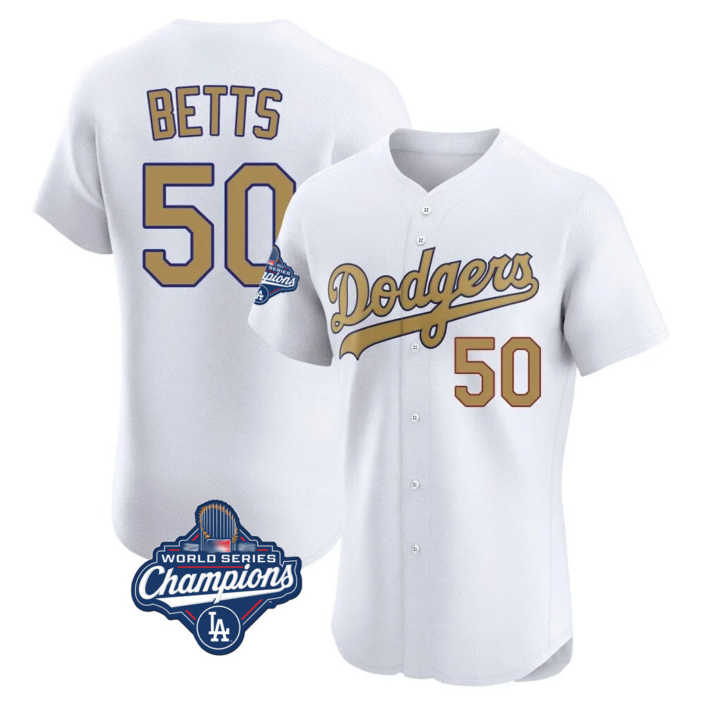Pouc LA.Dodgers #50 Mookie Betts Player Gold World Series Meet Limited Elite Home Stitched Jerseys