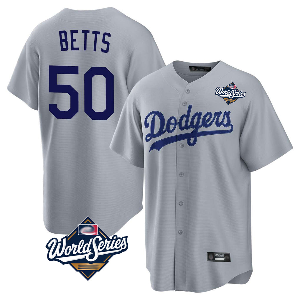 Pouc LA.Dodgers #50 Mookie Betts Player Gray World Series Game Stitched Jerseys