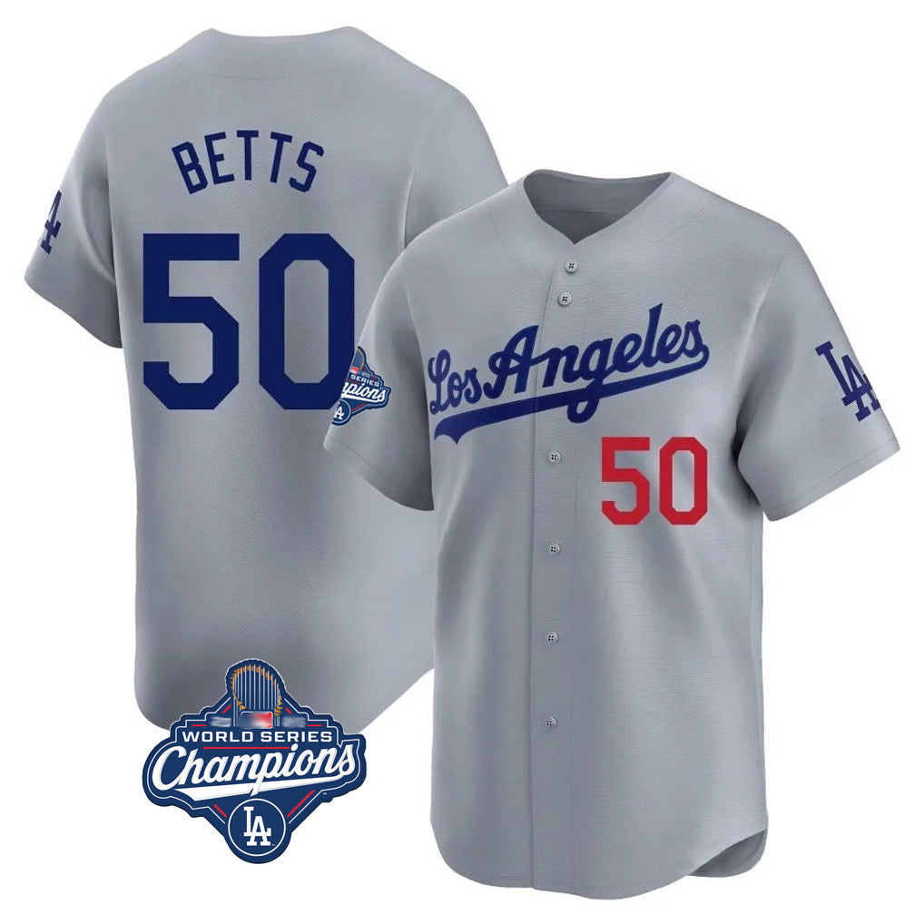 Pouc LA.Dodgers #50 Mookie Betts Player Gray World Series Meet Limited Home Stitched Jerseys