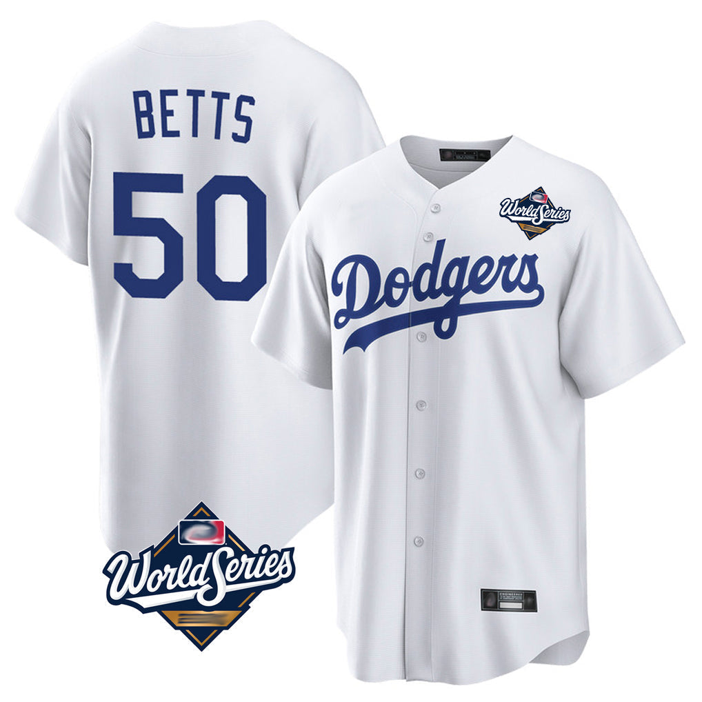 Pouc LA.Dodgers #50 Mookie Betts Player White World Series Game Home Stitched Jerseys