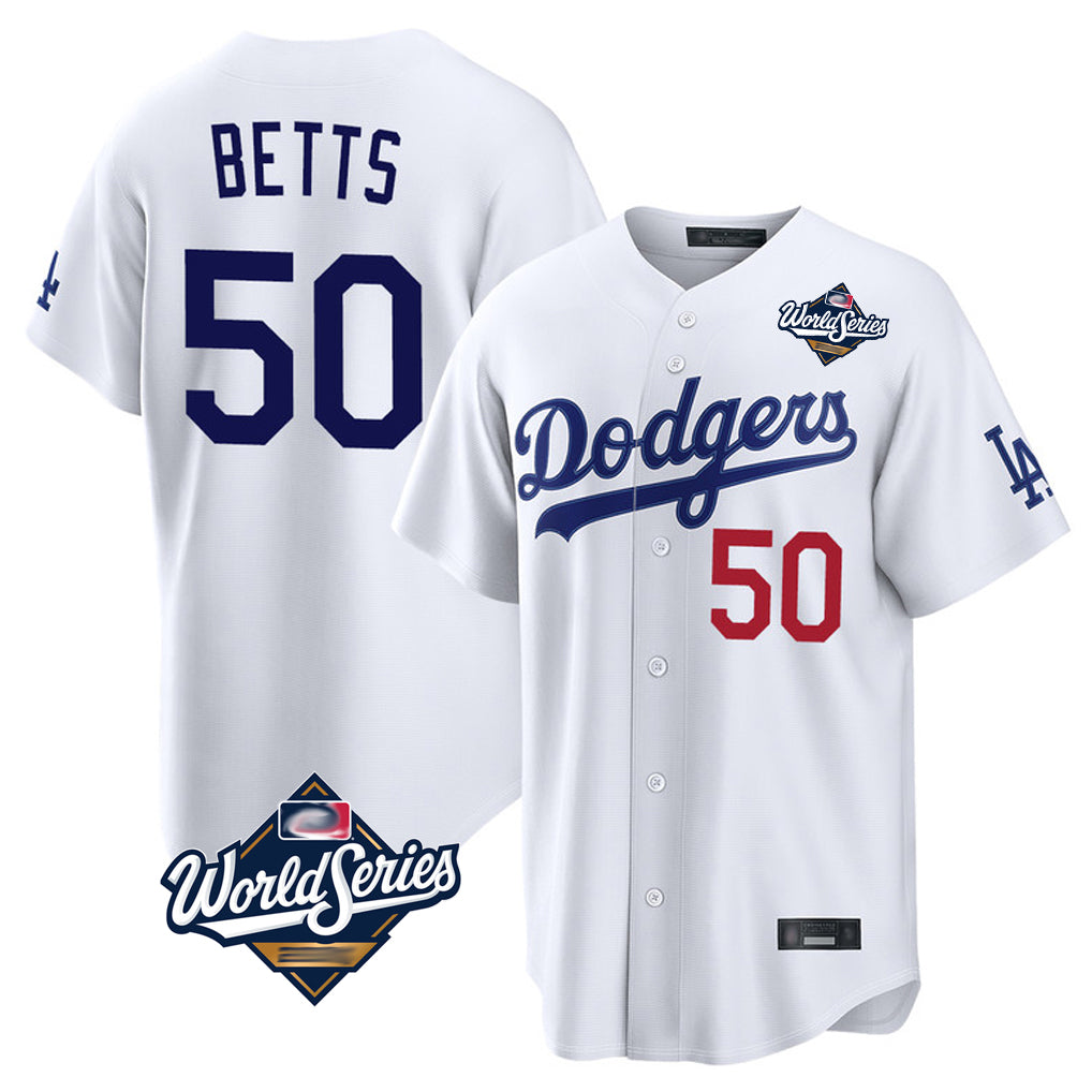 Pouc LA.Dodgers #50 Mookie Betts Player White World Series Home Game Stitched Jerseys