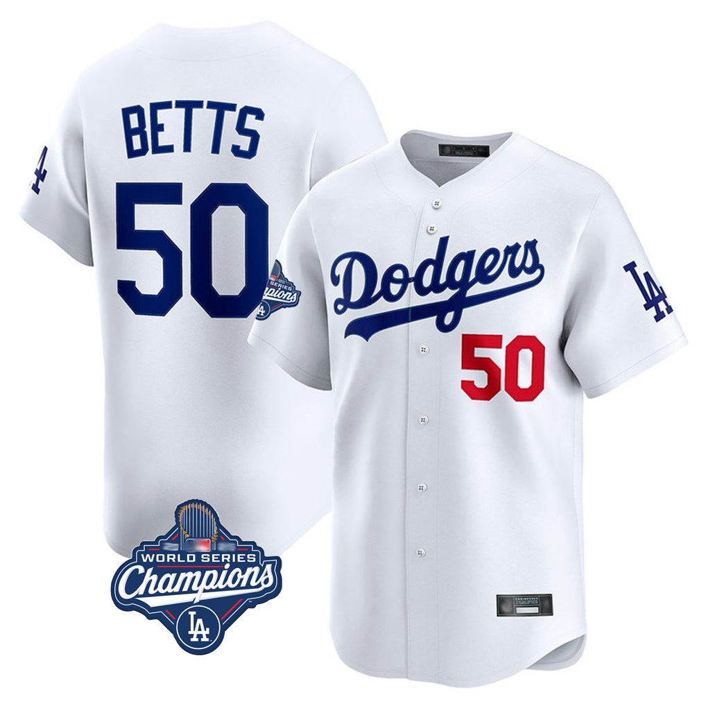 PoucLA.Dodgers #50 Mookie Betts Player White World Series Meet Limited Home Stitched Jerseys