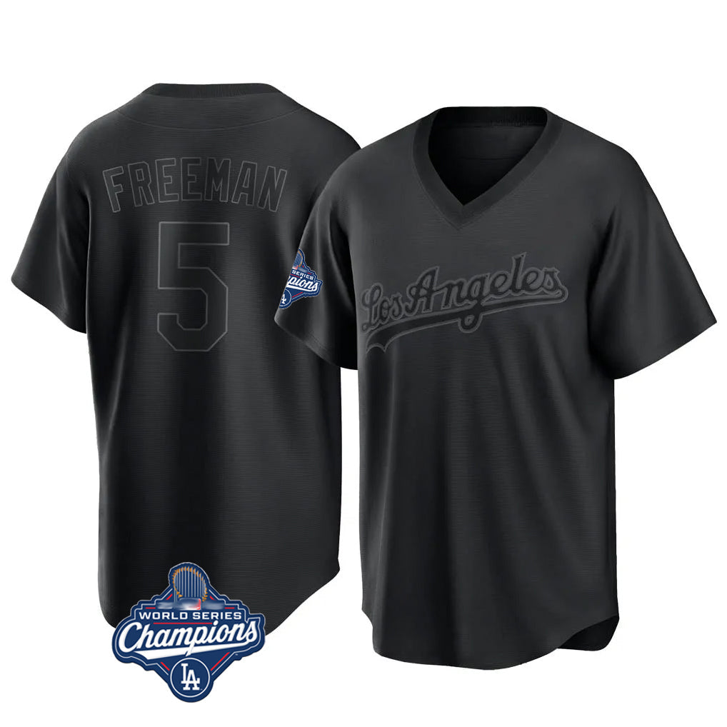 Pouc LA.Dodgers #5 Freddie Freeman Player Black World Series Meet Pitch Fashion T-shirt Stitched Jerseys