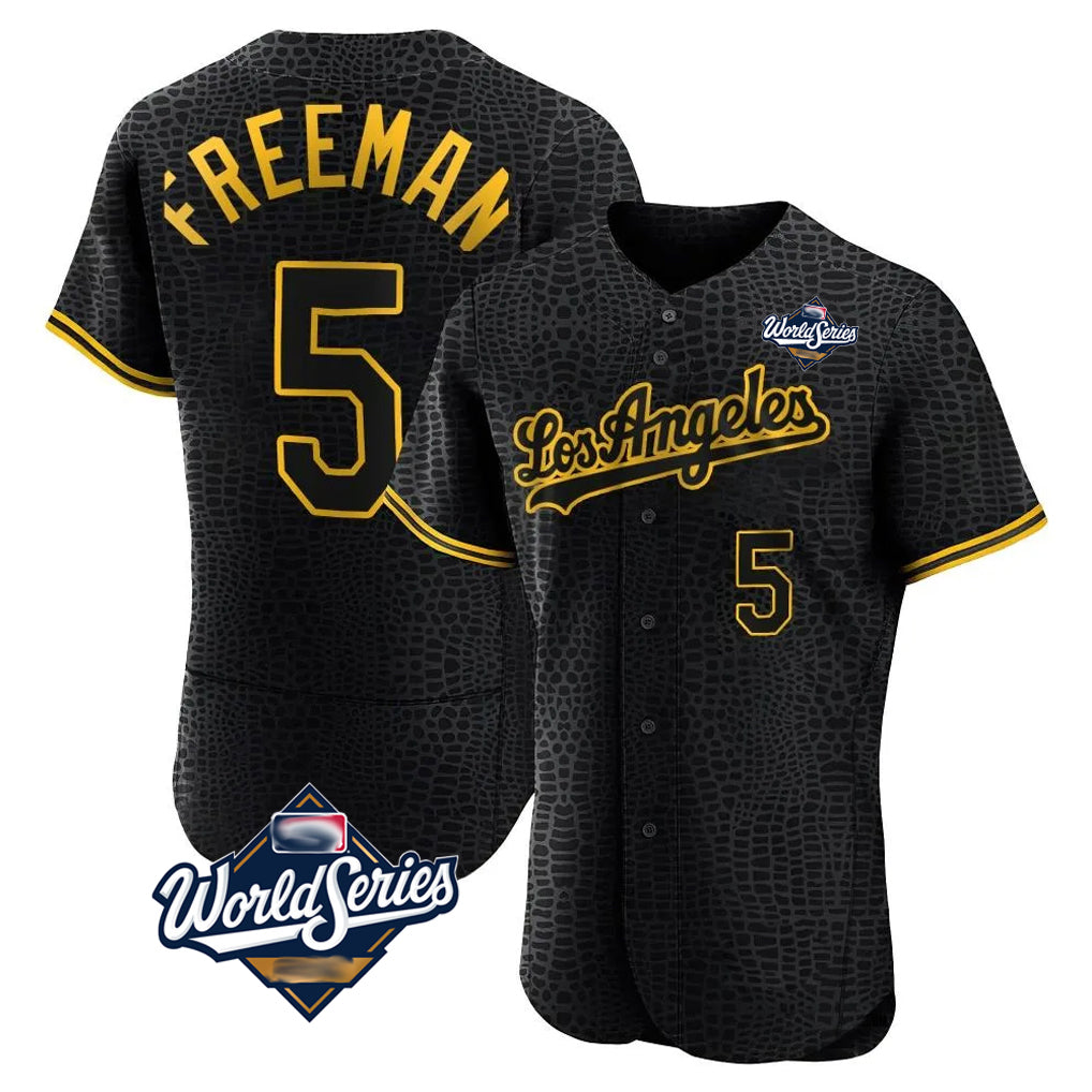 Pouc LA.Dodgers #5 Freddie Freeman Player Black World Series Snake Skin City Limited Elite Home Stitched Jerseys