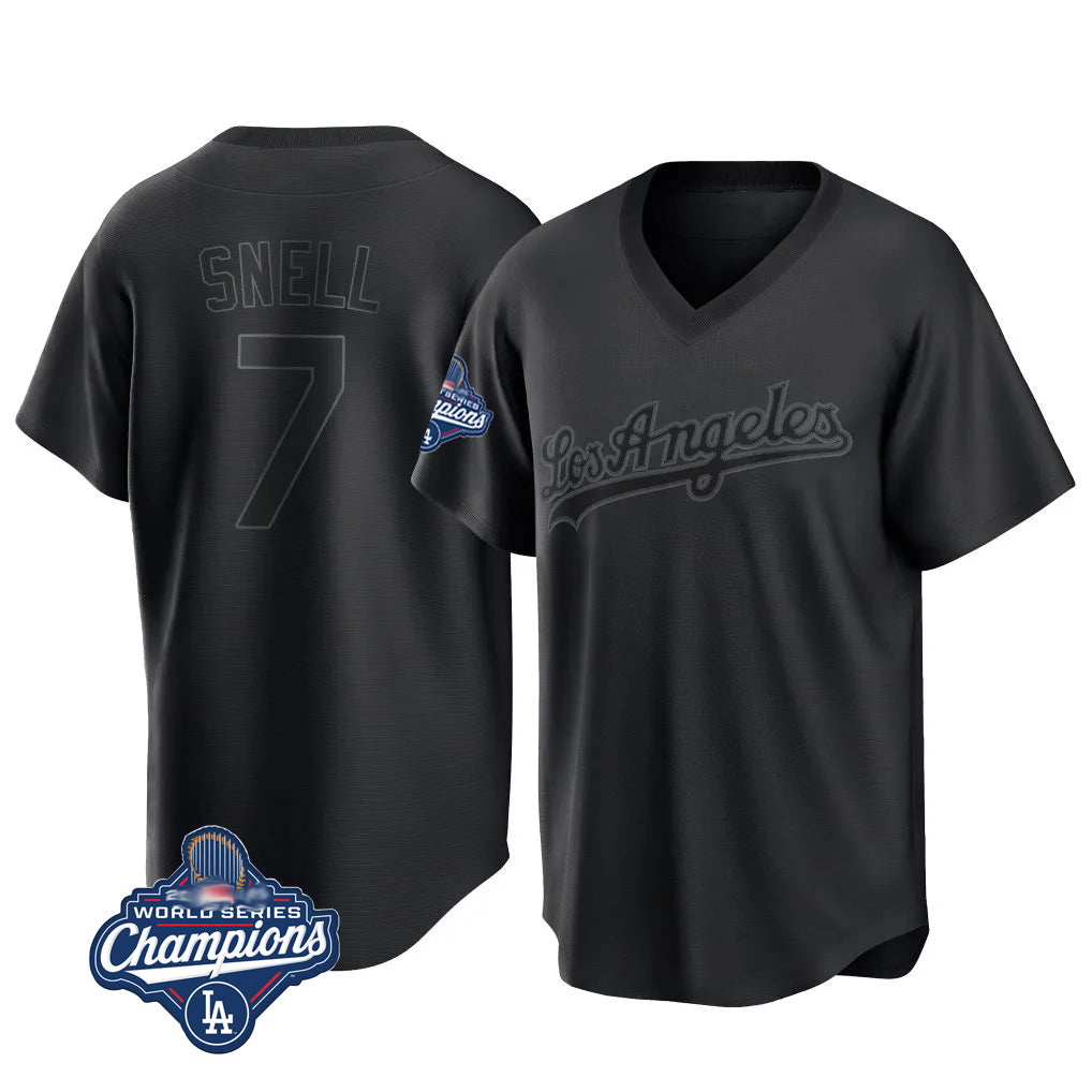 Pouc LA.Dodgers #7 Blake Snell Player Black Pitch Fashion World Series Meet T-shirt Stitched Jerseys