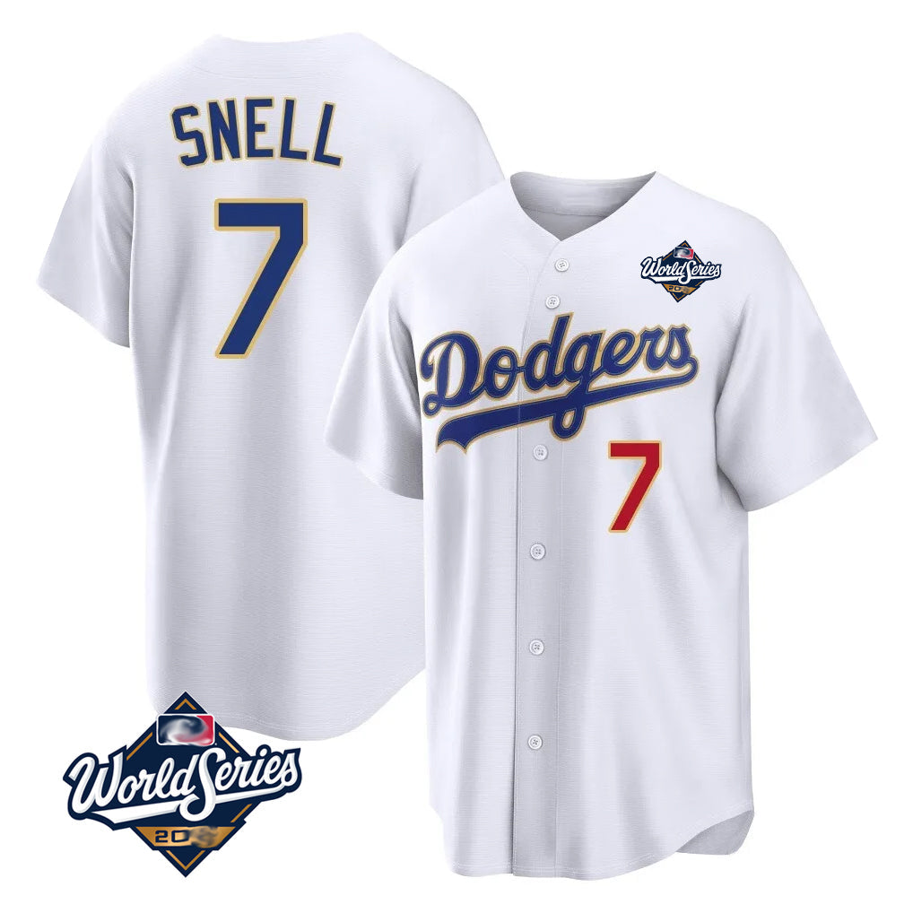 Pouc LA.Dodgers #7 Blake Snell Player Gold White 2026 Collection Stadium Limited World Series Stitched Jerseys