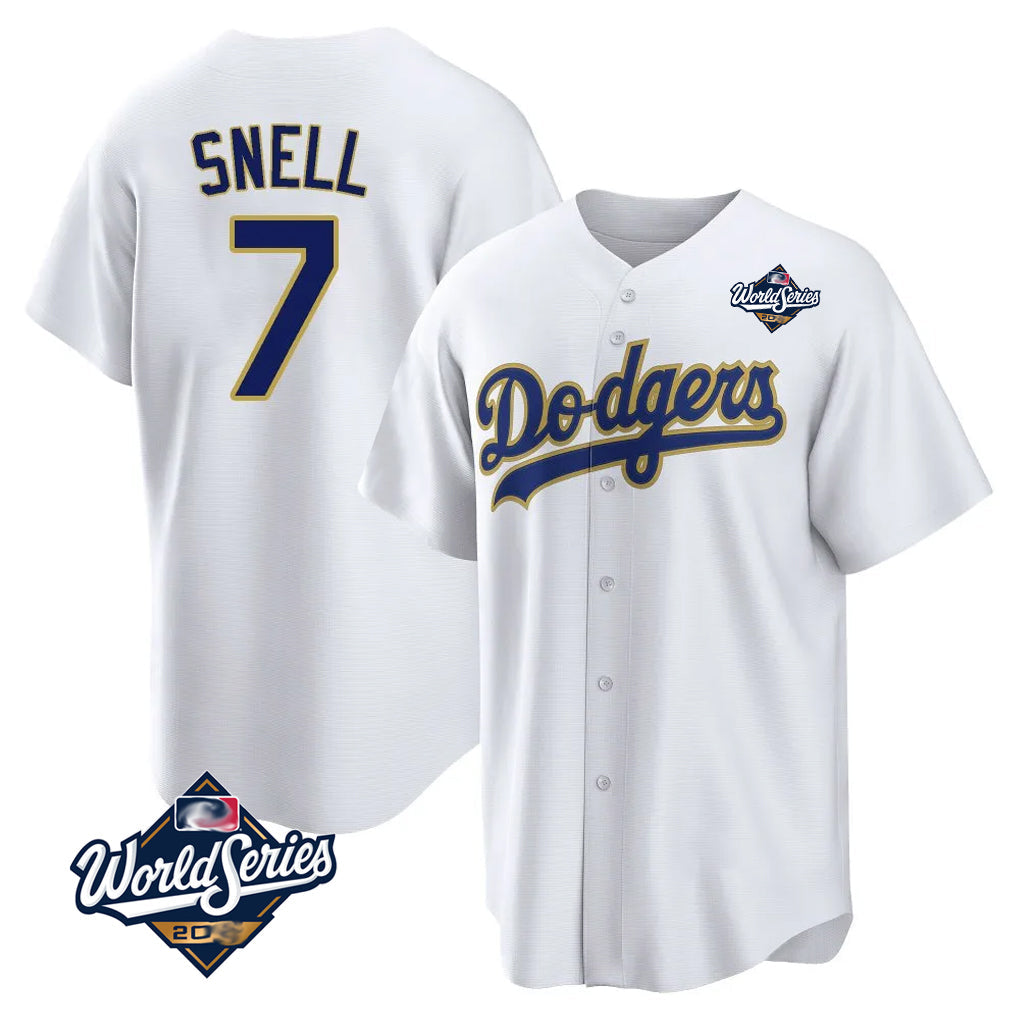 Pouc LA.Dodgers #7 Blake Snell Player Gold White World Series Home Game Stitched Jerseys