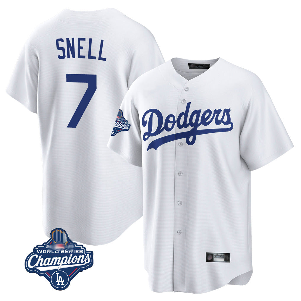 Pouc LA.Dodgers #7 Blake Snell Player White Game World Series Meet Stitched Jerseys
