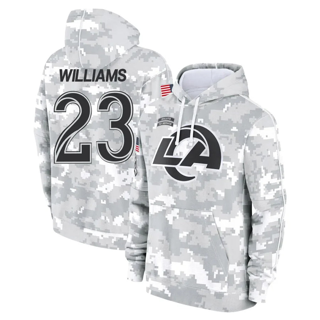 Pouc LA.Rams #23 Kyren Williams Player Arctic Camo Salute to Service Hoodies Limited Game Stitched Jerseys