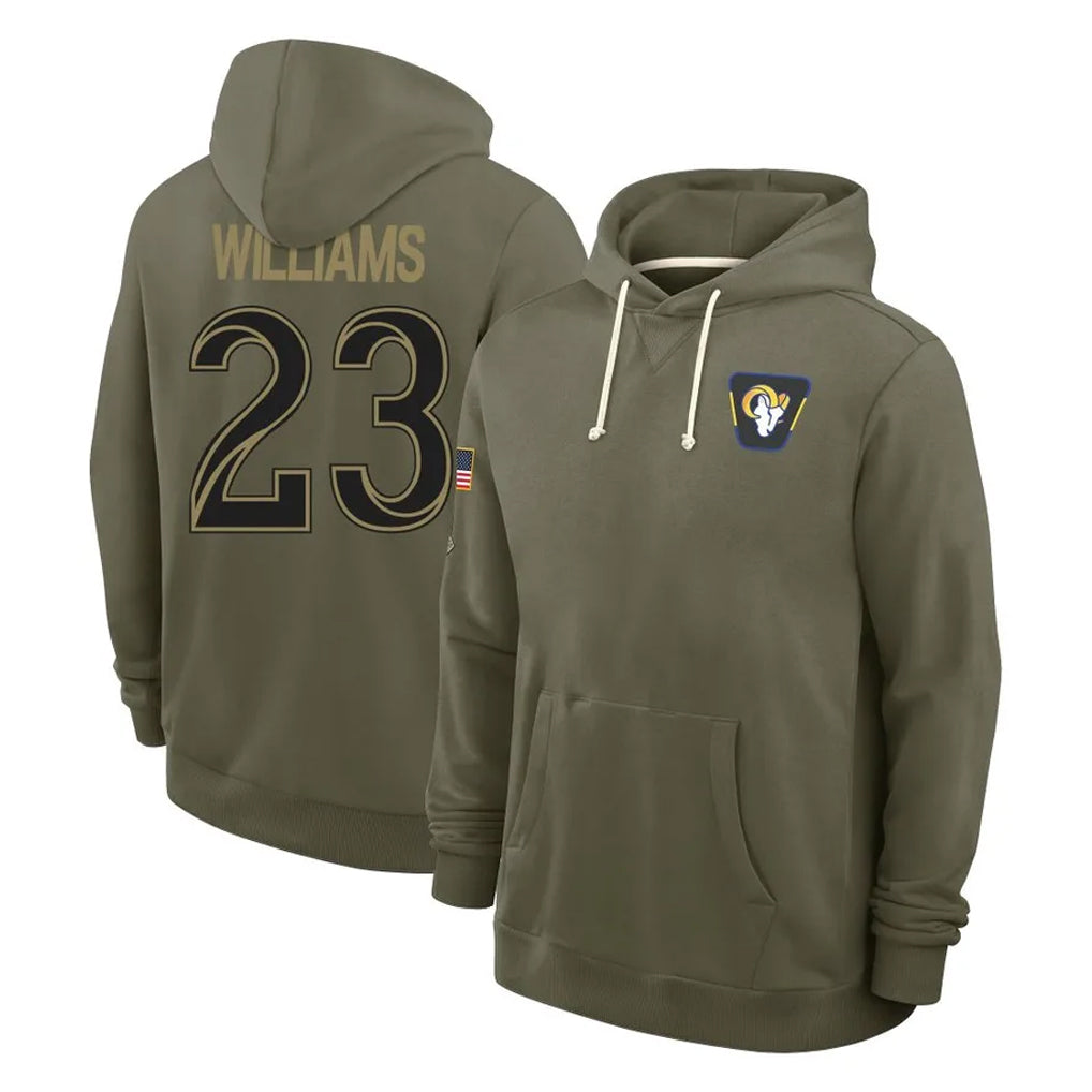 Pouc LA.Rams #23 Kyren Williams Player Olive Salute to Service Pullover Hoodies Limited Stitched Jerseys