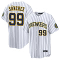 Pouc M.Brewers #99 Gary Sanchez Player White Stripes Home Limited Game Stitched Jerseys