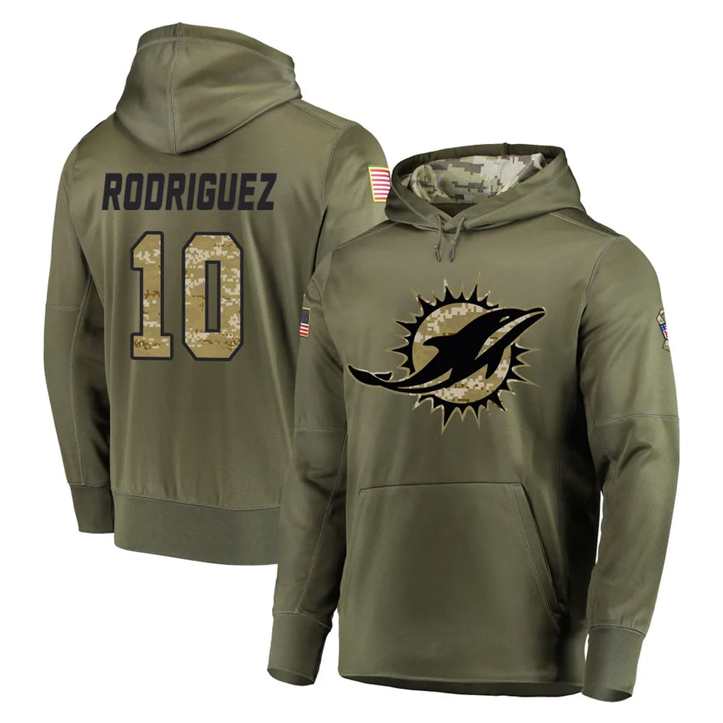 Pouc M.Dolphins #10 Jacob Rodriguez Player Olive Salute to Service Pullover Hoodies Home Game Stitched Jerseys