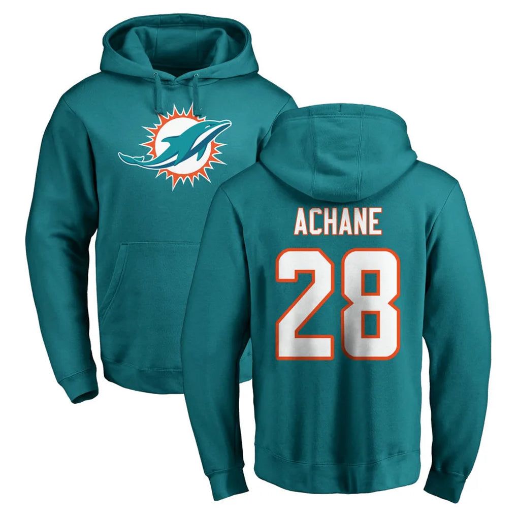 Pouc M.Dolphins #28 De'Von Achane Player Aqua LOGO Pullover Hoodies Limited Stitched Jerseys