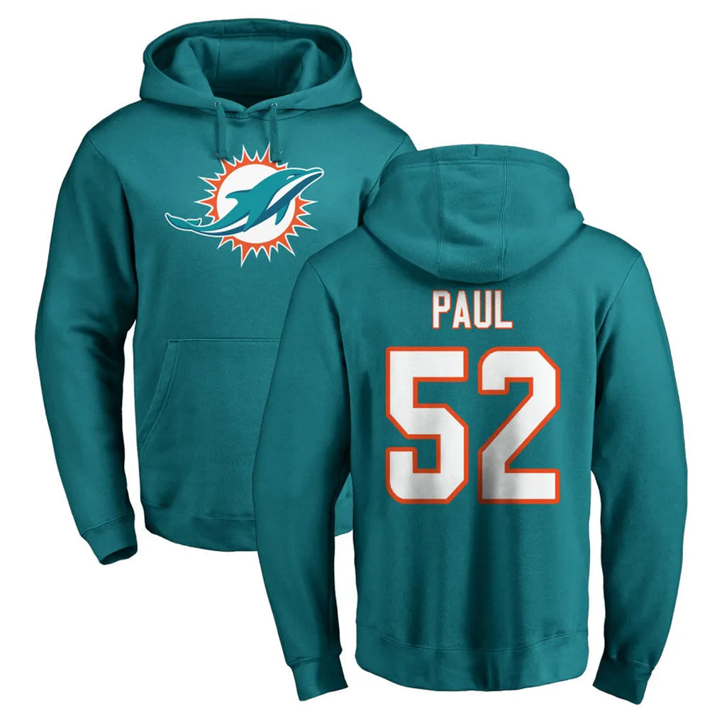 Pouc M.Dolphins #52 Patrick Paul Player Aqua LOGO Pullover Hoodies Limited Stitched Jerseys