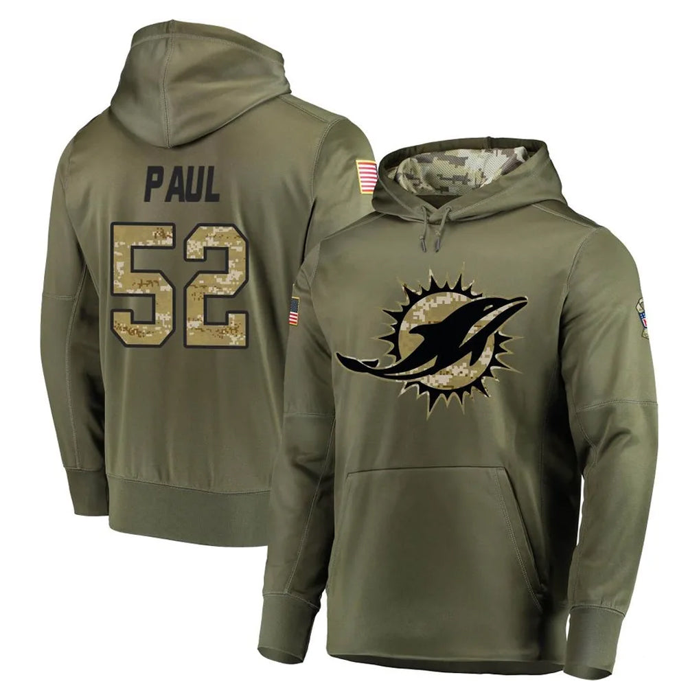 Pouc M.Dolphins #52 Patrick Paul Player Olive Salute to Service Pullover Hoodies Home Game Stitched Jerseys