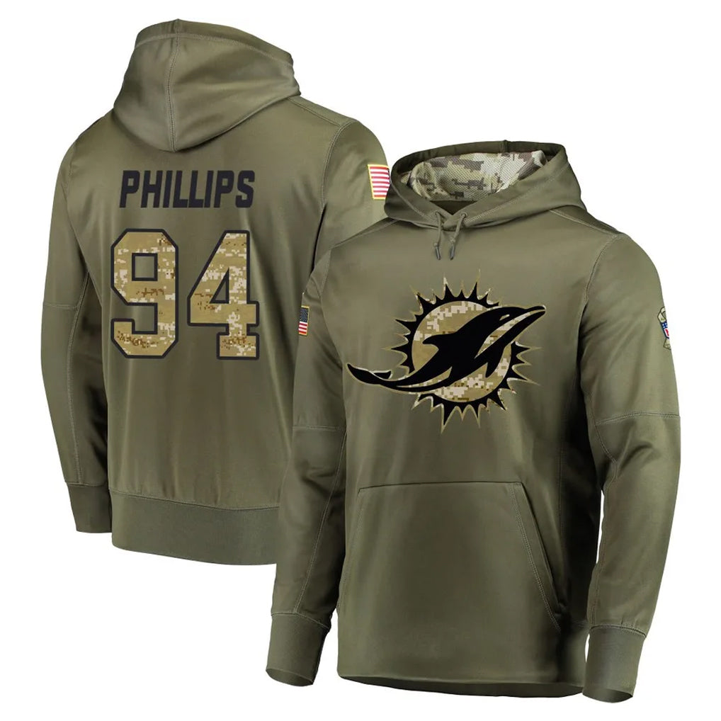 Pouc M.Dolphins #94 Jordan Phillips Player Olive Salute to Service Pullover Hoodies Home Game Stitched Jerseys