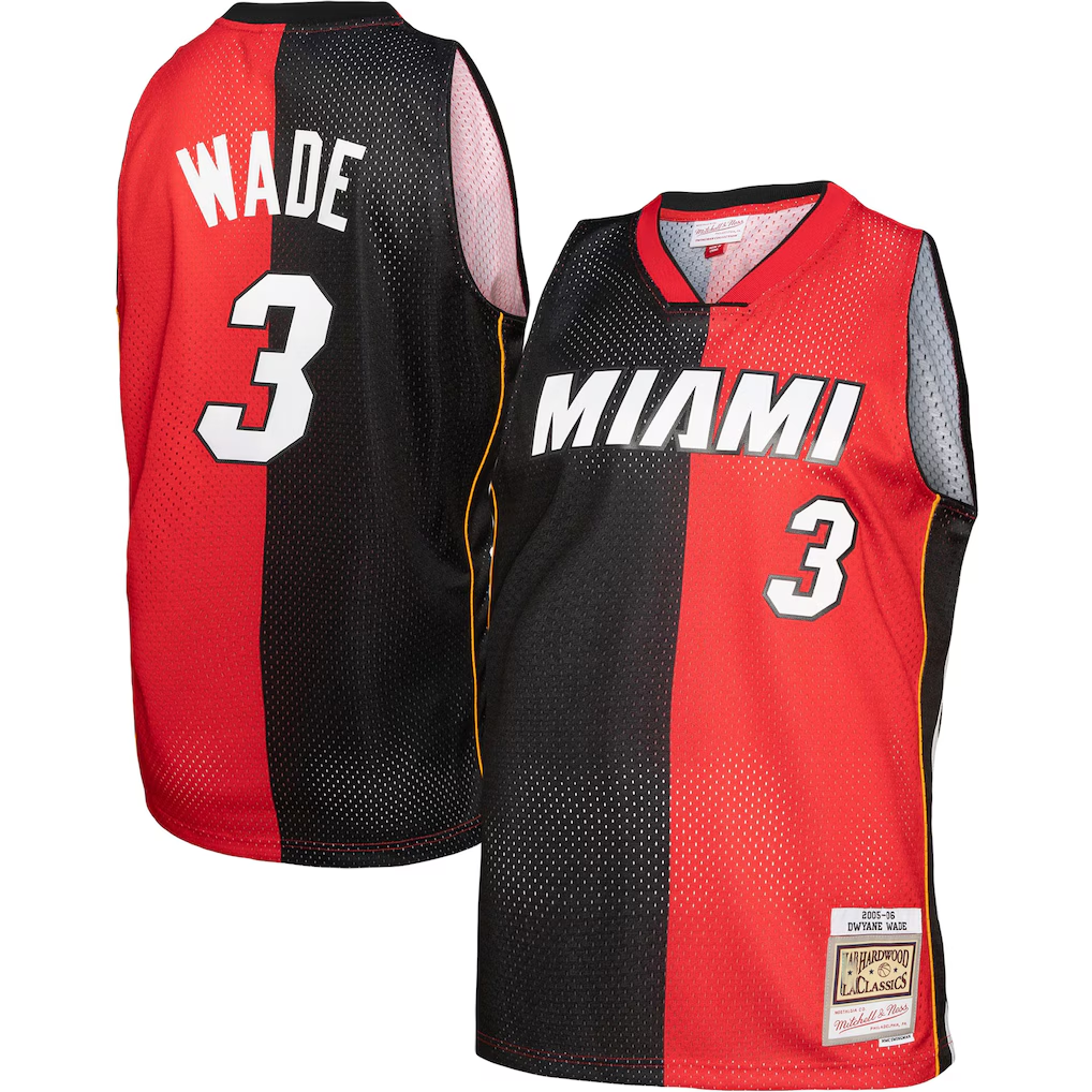 Pouc M.Heat #3 Dwayne Wade Mitchell & Ness Black Red Big & Tall Hardwood Classics 2005-06 Split Swingman Jerseys