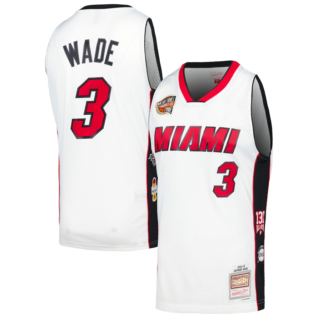 Pouc M.Heat #3 Dwyane Wade Mitchell & Ness White Hall of Fame Class of 2023 Throwback Swingman Jerseys