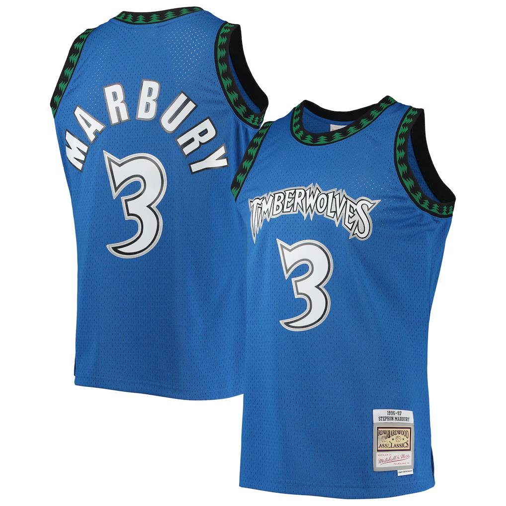 Pouc M.Timberwolves #3 Stephon Marbury Mitchell & Ness Blue 1996-1997 Hardwood Classics Swingman Stitched Jerseys