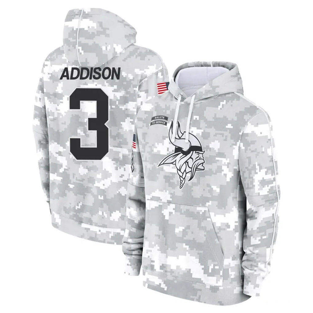 Pouc MN.Vikings #3 Jordan Addison Player Arctic Camo Salute to Service Pullover Hoodies Limited Game Stitched Jerseys