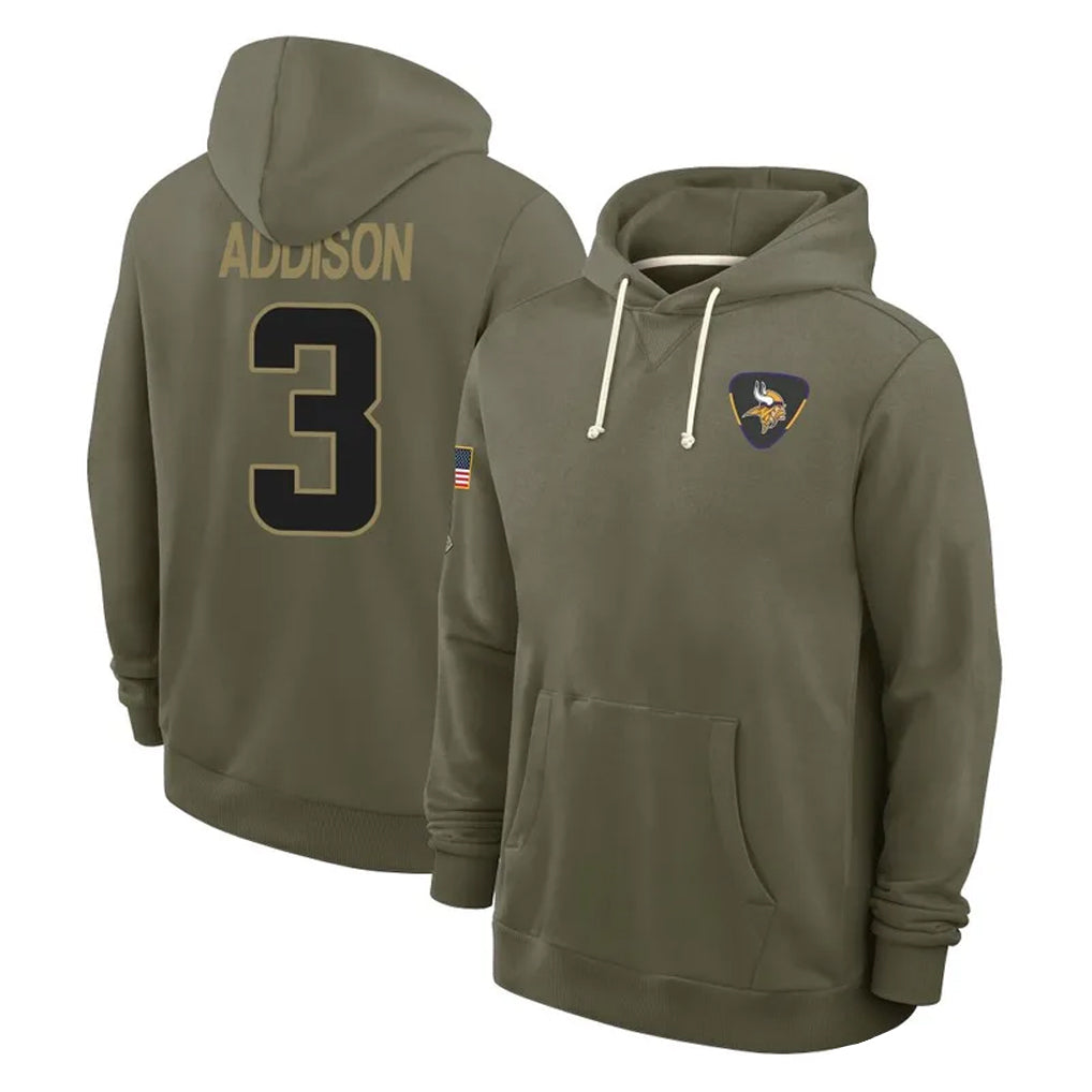 Pouc MN.Vikings #3 Jordan Addison Player Olive Salute to Service Pullover Hoodies Limited Stitched Jerseys