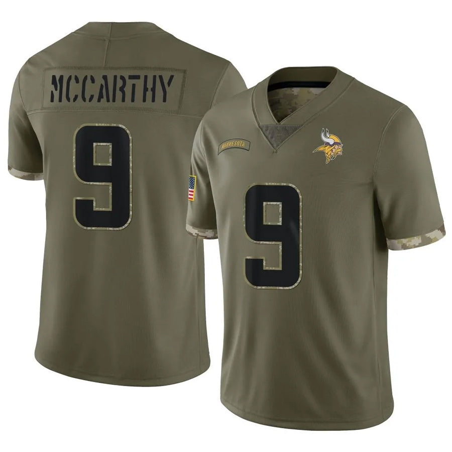 Pouc MN.Vikings #9 J.J. McCarthy Player Salute To Service Limited Olive Stitched Jerseys