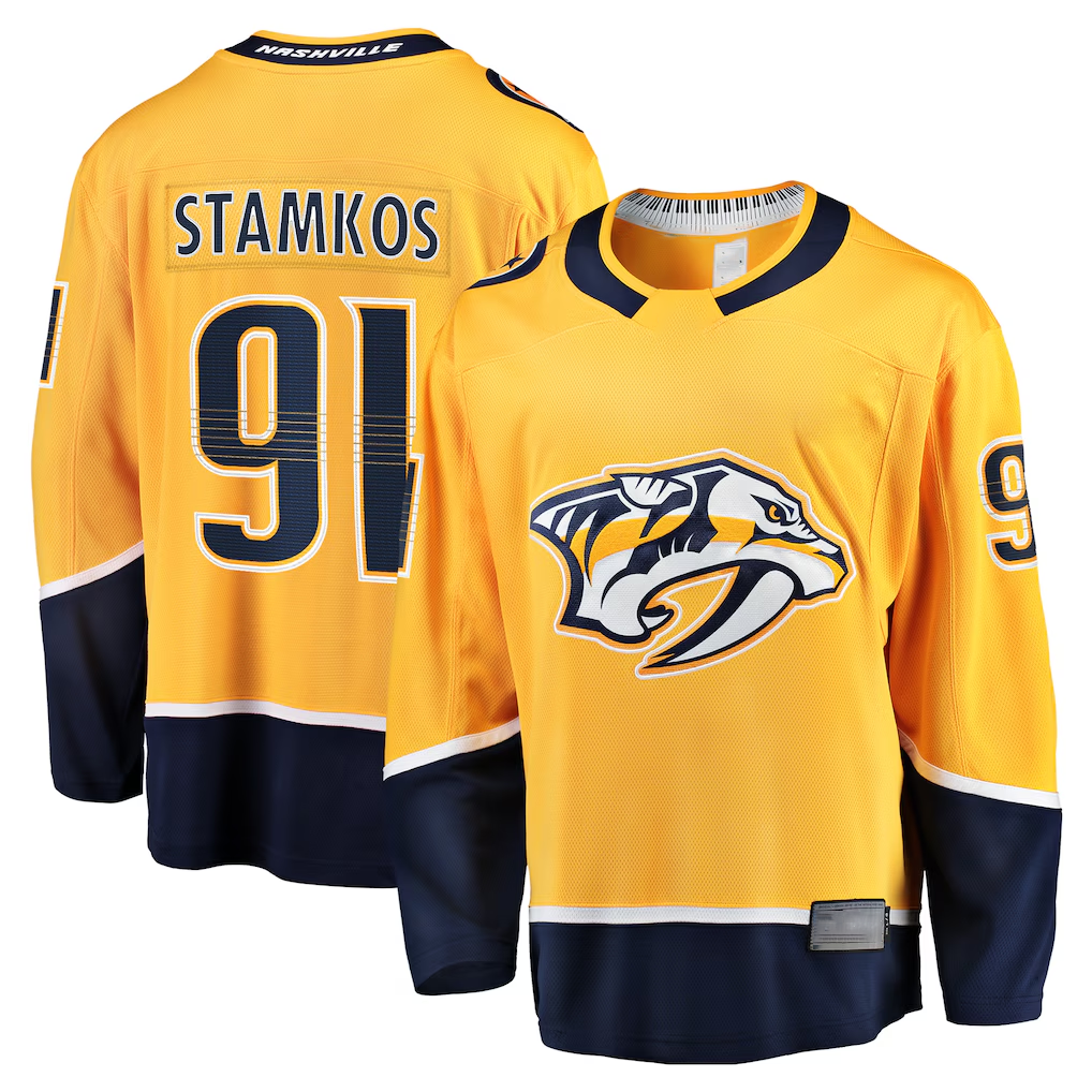 Pouc N.Predators #91 Steven Stamkos Gold Home Premier Breakaway Player Jerseys