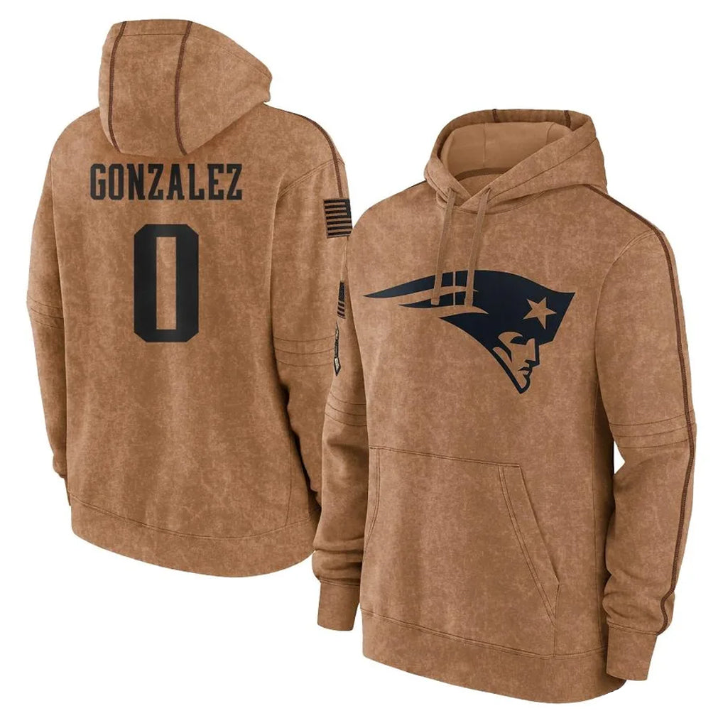 Pouc NE.Patriots #0 Christian Gonzalez Player Brown Salute to Service Pullover Hoodies Limited Game Stitched Jerseys