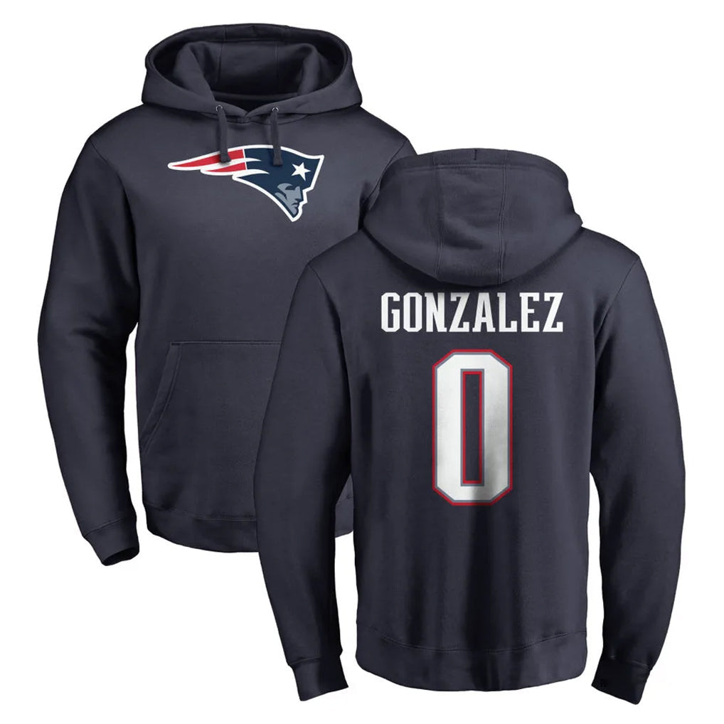 Pouc NE.Patriots #0 Christian Gonzalez Player Navy LOGO Pullover Hoodies Home Game Stitched Jerseys