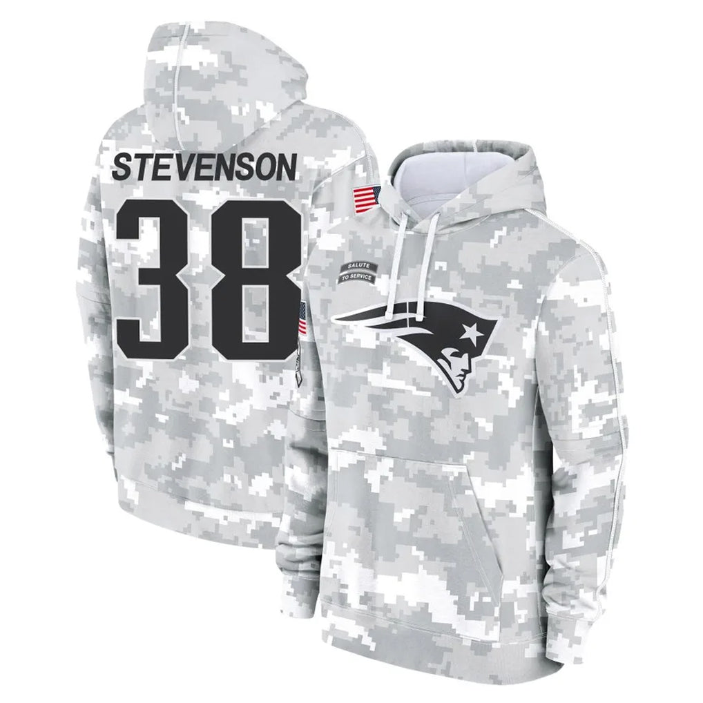 Pouc NE.Patriots #38 Rhamondre Stevenson Player Arctic Camo Salute to Service Pullover Hoodies Limited Game Stitched Jerseys