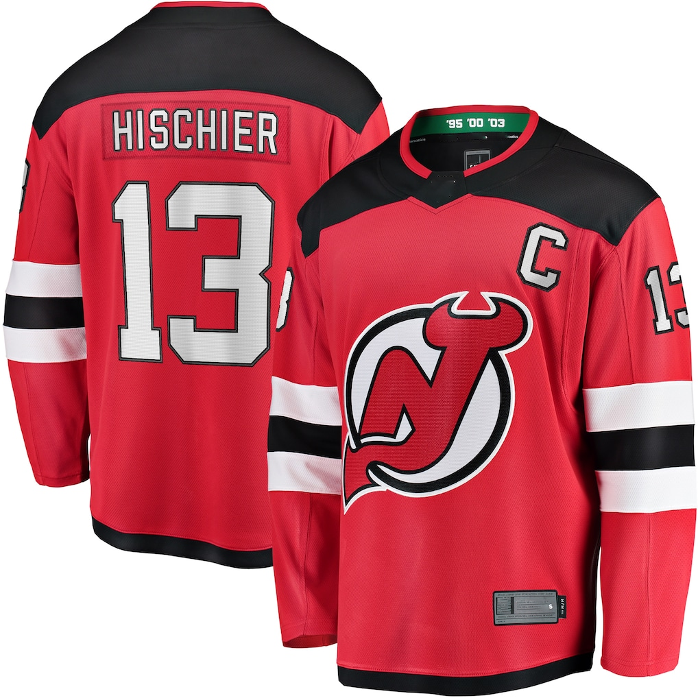 Pouc N.Jersey Devils #13 Nico Hischier Red Captain Patch Home Breakaway Jerseys