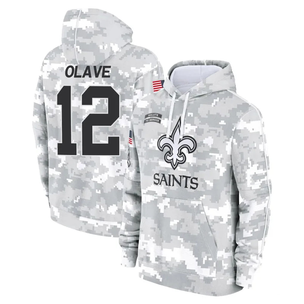 Pouc NO.Saints #12 Chris Olave Player Arctic Camo Salute to Service Pullover Hoodies Limited Game Stitched Jerseys