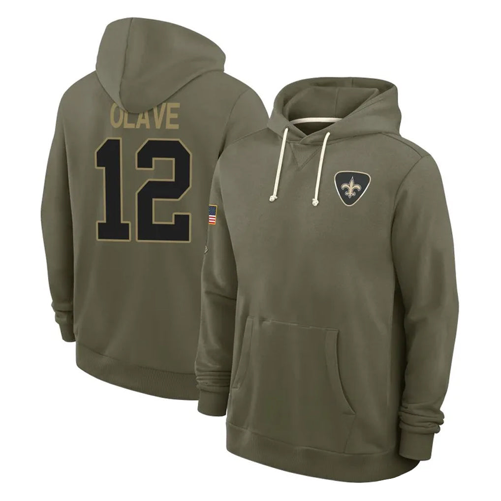 Pouc NO.Saints #12 Chris Olave Player Olive Salute to Service Pullover Hoodies Limited Stitched Jerseys