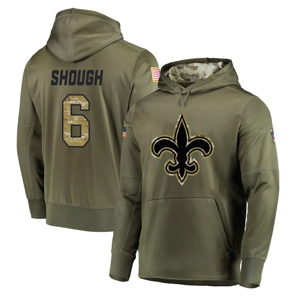 Pouc NO.Saints #6 Tyler Shough Player Olive Salute to Service Pullover Hoodies Home Game Stitched Jerseys