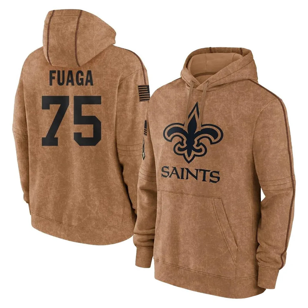 Pouc NO.Saints #75 Taliese Fuaga Player Brown Salute to Service Pullover Hoodies Limited Game Stitched Jerseys