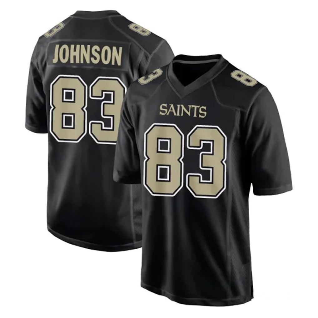 Pouc NO.Saints #83 Juwan Johnson Player Black Carbon Fashion Home Game Stitched Jerseys