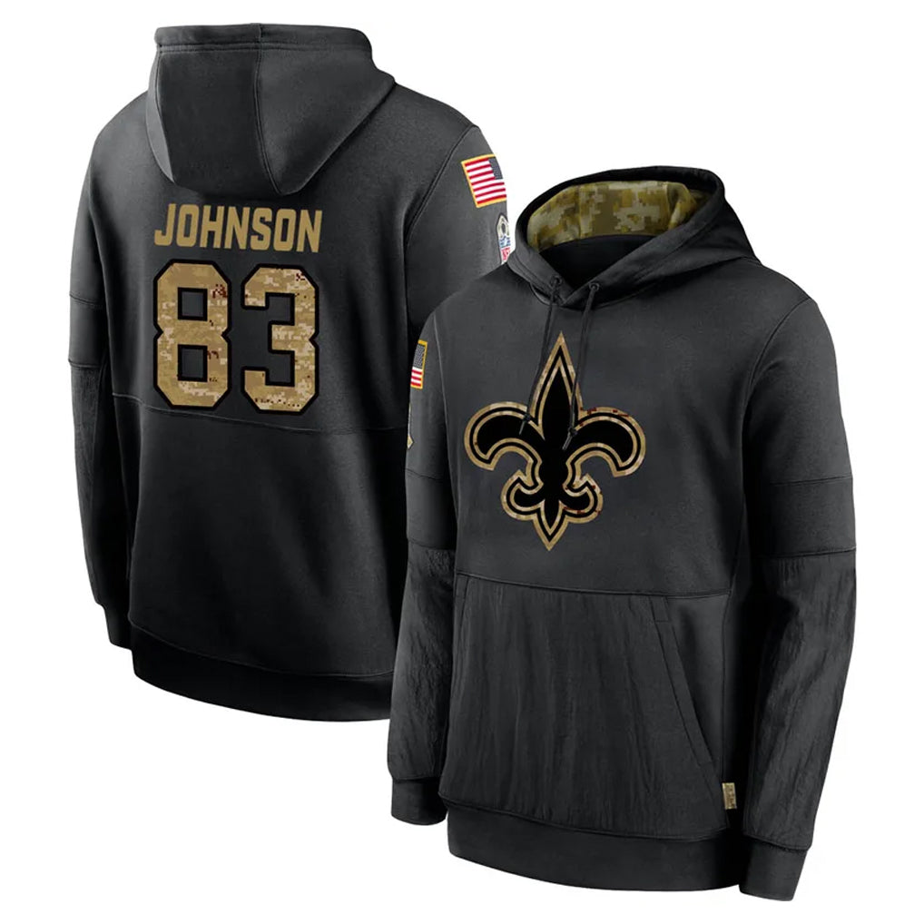 Pouc NO.Saints #83 Juwan Johnson Player Black Salute to Service Hoodies Limited Game Stitched Jerseys
