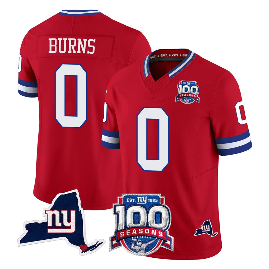 Pouc NY.Giants #0 Brian Burns Player Red 100th Season & State Patch Vapor Limited Home Game Stitched Jerseys