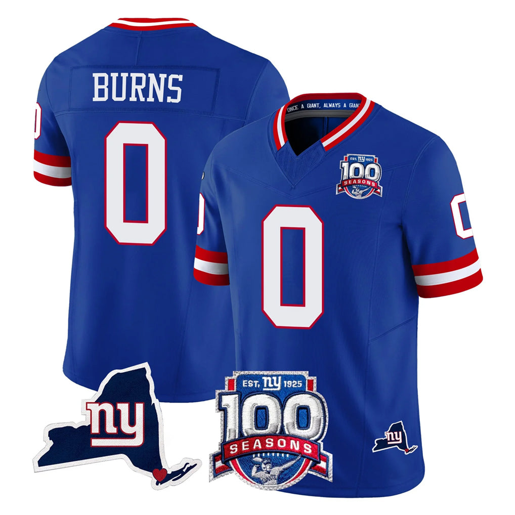 Pouc NY.Giants #0 Brian Burns Player Royal 100th Season & State Patch Vapor Limited Home Game Stitched Jerseys