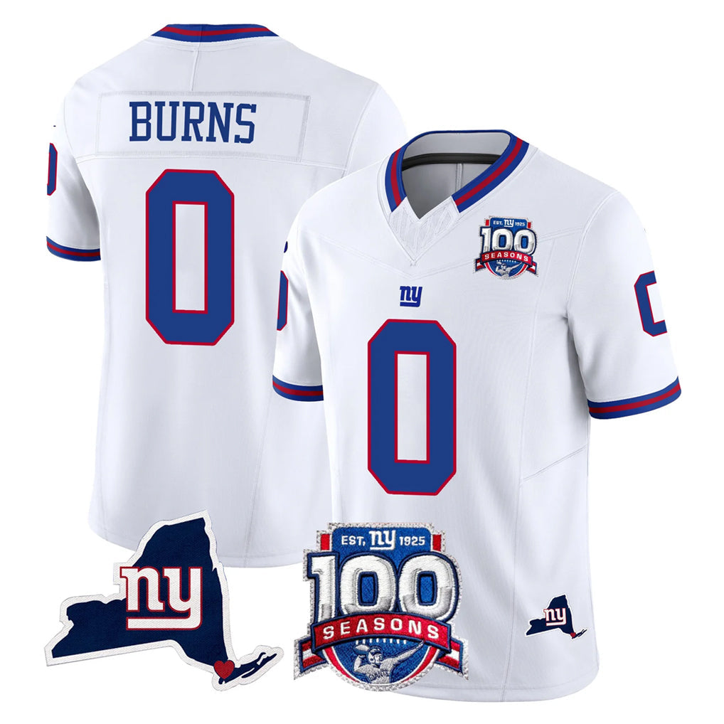 Pouc NY.Giants #0 Brian Burns Player White 100th Season & State Patch Vapor Limited Home Game Stitched Jerseys