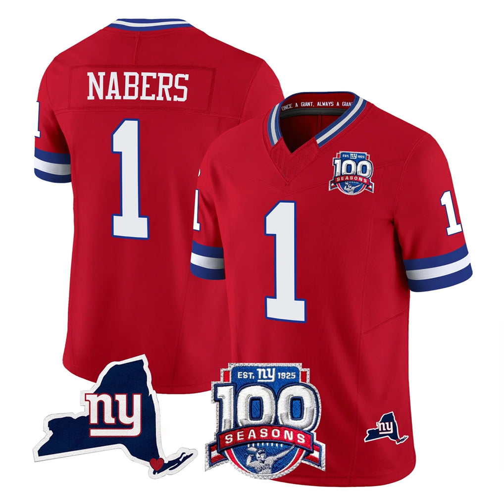 Pouc NY.Giants #1 Malik Nabers Player Red 100th Season & State Patch Vapor Limited Home Game Stitched Jerseys